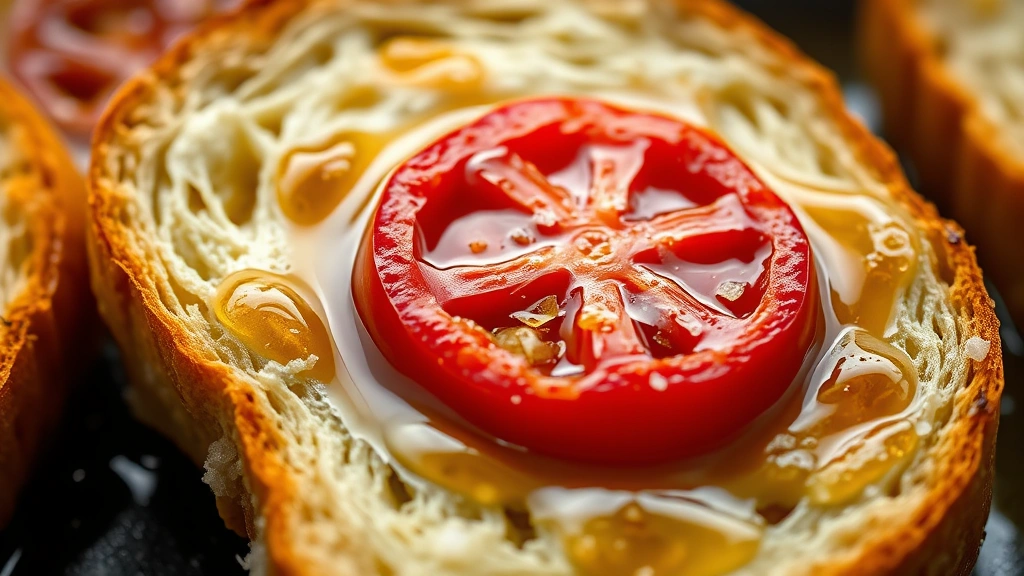 detail: close-up macro of single pan con tomate with glistening tomato rubbed into crusty bread, olive oil drizzle, fresh sea salt crystals visible, vibrant red tomato against golden toast, natural soft lighting, no text