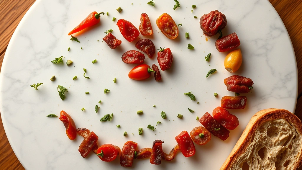 hero: completed Cultist Circle appetizer on white marble platter, perfectly arranged concentric circles of bacon, sun-dried tomatoes, roasted red peppers, caramelized onions, and herbs, dramatic overhead shot, golden hour lighting, crusty bread beside it