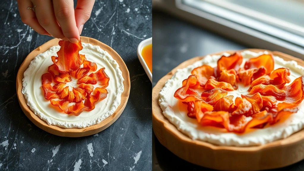 process: hands arranging crispy bacon in spiral pattern on cream cheese base, natural daylight from window, close-up of plating technique