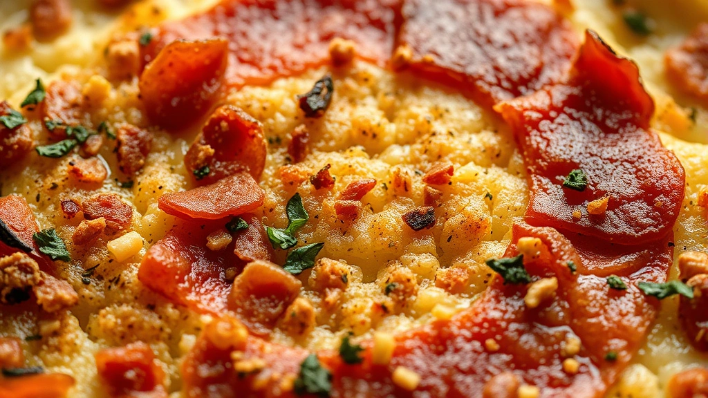 detail: extreme close-up of the layered circles showing texture of bacon, herbs, breadcrumbs, and pepper flakes, shallow depth of field, warm natural lighting