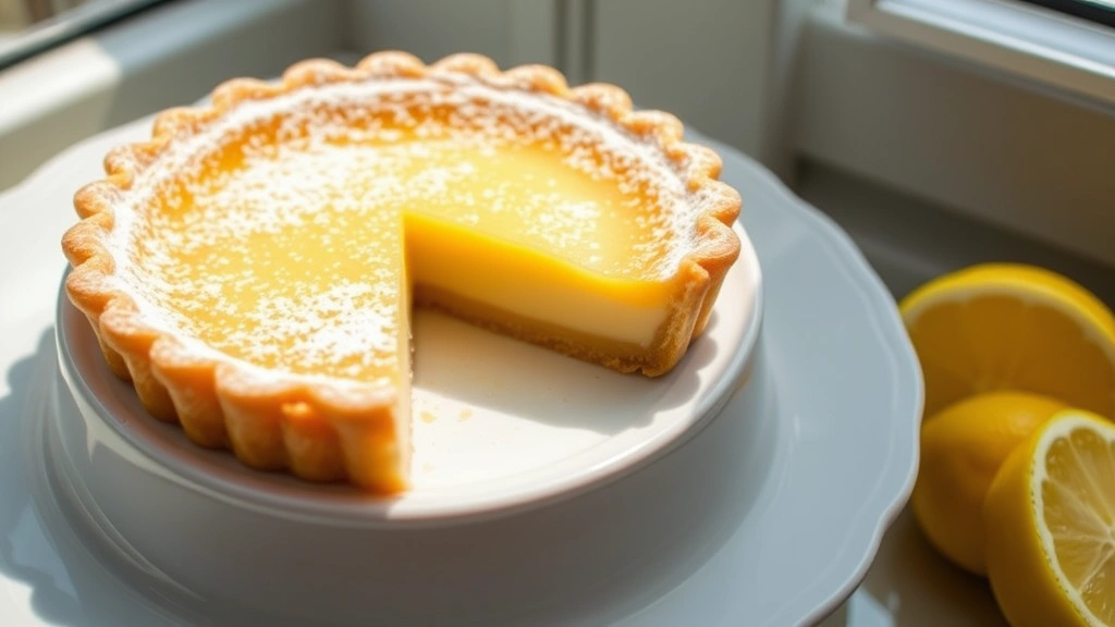 hero: golden-baked lemon tart with removable fluted edges, dusted with powdered sugar, sliced to show creamy lemon filling, on white ceramic plate, bright natural window light, fresh lemon wedges beside plate, shallow depth of field