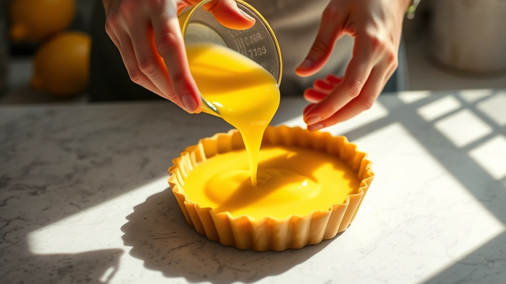 process: hands pouring bright yellow lemon custard filling into blind-baked tart shell, golden pastry crust visible, sunlit kitchen counter, mid-action shot