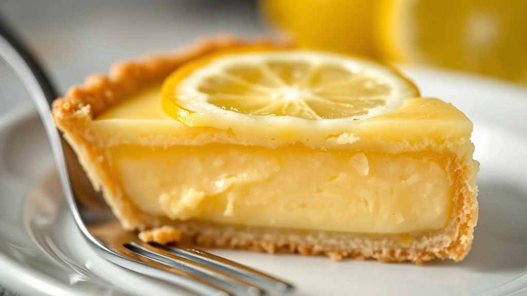 detail: close-up cross-section of lemon tart slice showing layers of crispy pastry crust and creamy pale yellow filling, fork beside plate, natural daylight, macro photography
