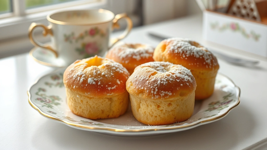 hero: golden brown tea cakes dusted with powdered sugar on a vintage china plate with tea cup and saucer, photorealistic, natural window light, no text