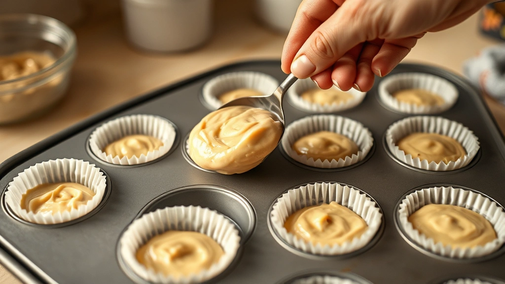 process: hand scooping vanilla batter into mini muffin tin lined with paper liners, photorealistic, warm kitchen lighting, no text