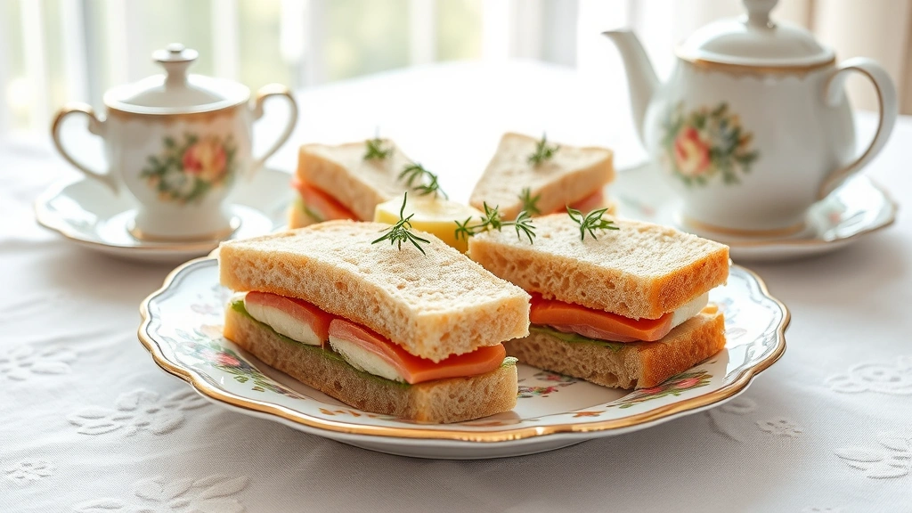 hero: elegant tea sandwiches arranged on vintage china plate, white tablecloth background, fresh herbs garnish, natural window light, afternoon tea setting, no text