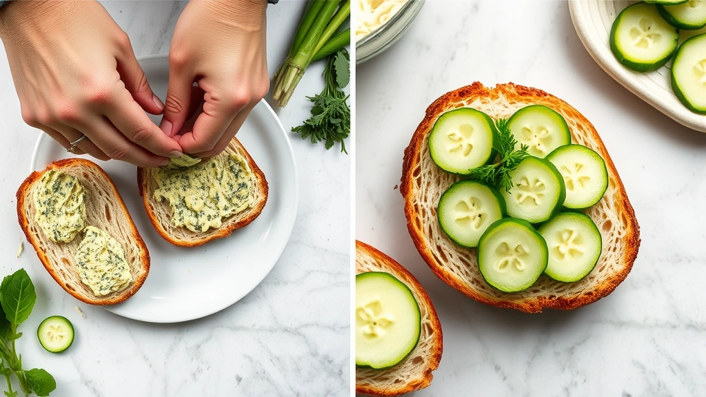 process: hands spreading herb butter on thin bread slices, close-up of cucumber layering, professional kitchen workspace, natural lighting, overhead angle, no text