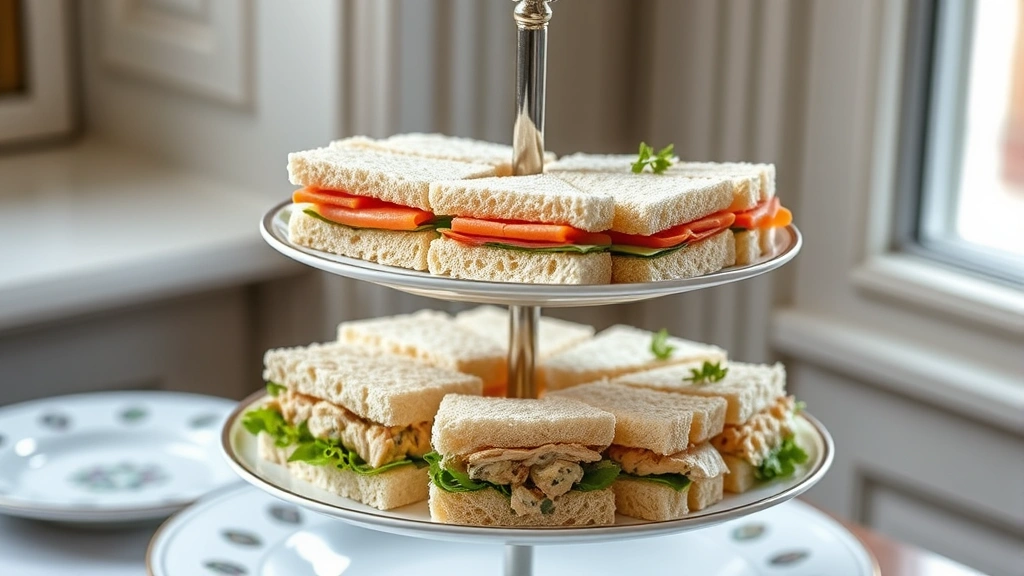 hero: Three-tiered cake stand displaying assorted delicate tea sandwiches cut into triangles and small rectangles, varieties including cucumber, smoked salmon with capers, chicken salad, and egg salad with fresh herb garnishes, soft natural window light, elegant china plate visible, no text
