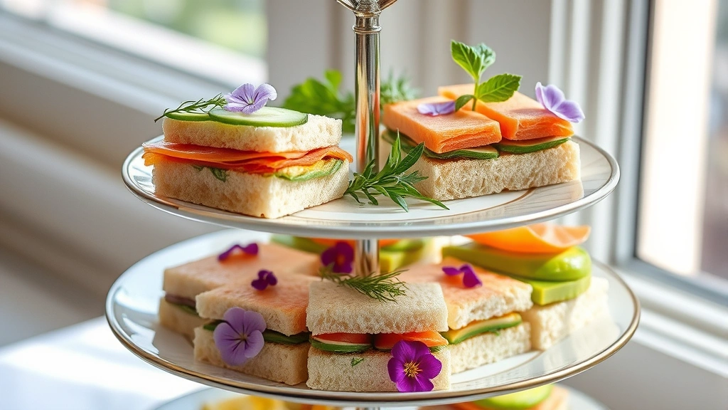 hero: tiered platter of elegant tea sandwiches with cucumber, smoked salmon, and avocado varieties, garnished with fresh herbs and edible flowers, natural afternoon light through window, soft shadows, no text