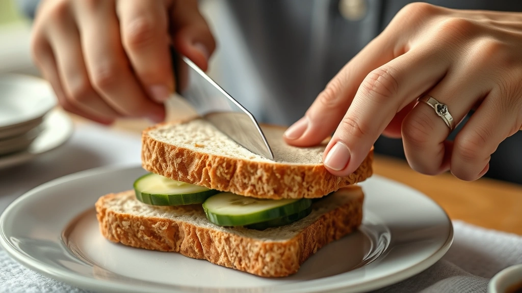 process: Hands carefully cutting crusts off tea sandwich using sharp serrated bread knife, cucumber slices visible on bread, soft afternoon light, close-up action shot, no text