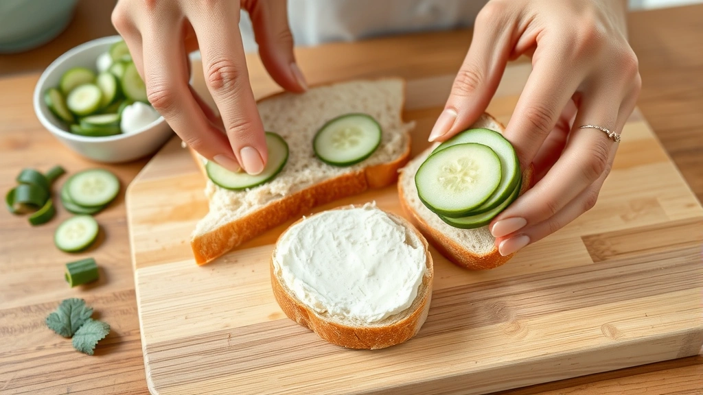 process: hands assembling tea sandwich with cream cheese and thin cucumber slices on soft white bread, cutting board with removed crusts, fresh ingredients visible, natural kitchen light, no text