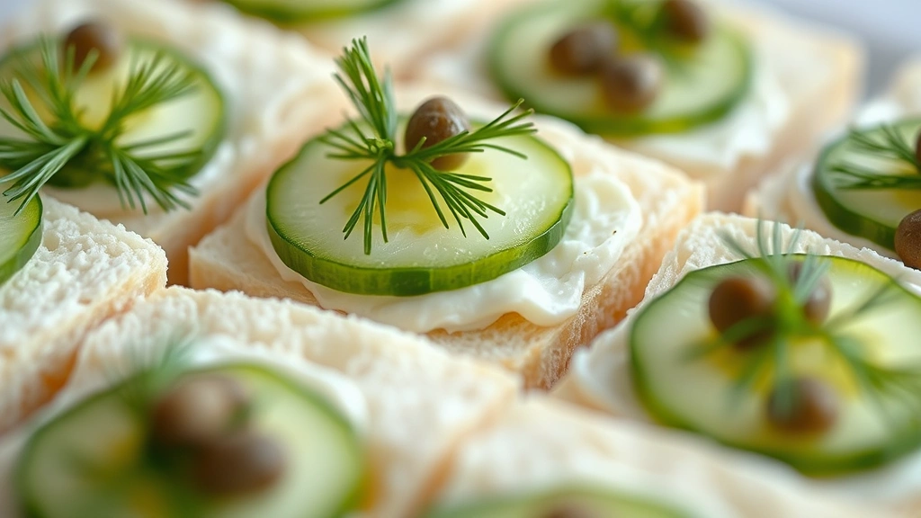detail: Close-up of arranged tea sandwich quarters showing distinct layers of fresh cucumber, creamy filling, and soft white bread, garnished with fresh dill and capers, shallow depth of field, natural lighting, no text