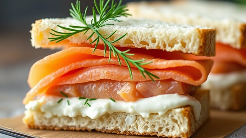detail: close-up of single tea sandwich triangle showing layers of smoked salmon, dill, and cream cheese on soft bread, garnished with fresh dill sprig, shallow depth of field, no text