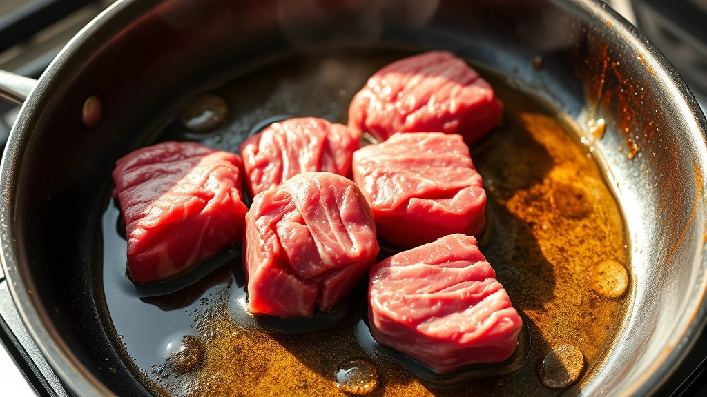 process: raw beef tenderloin tips being seared in a hot skillet with oil creating a golden crust, photorealistic, bright natural light, no text
