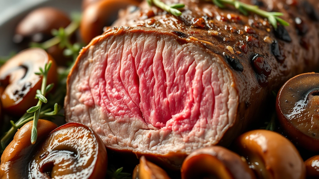 detail: close-up of sliced tenderloin tip showing perfect medium-rare interior with pink center, surrounded by caramelized mushrooms and thyme, photorealistic, warm natural light, no text