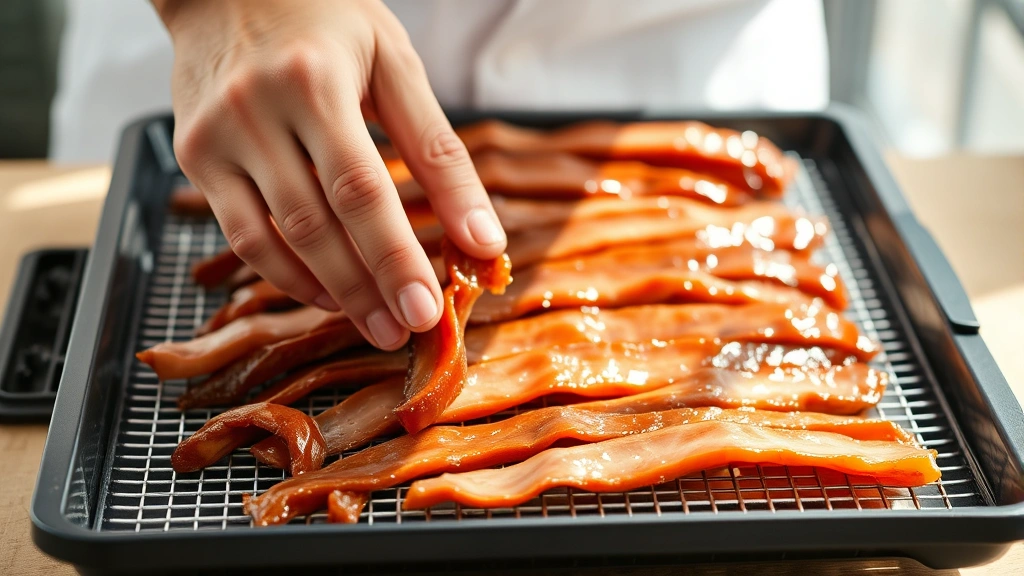 process: hands arranging thin marinated beef strips on a dehydrator tray, glossy teriyaki coating visible, photorealistic, bright natural light, no text