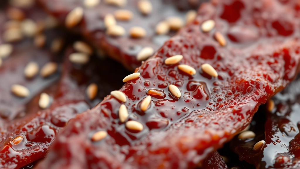detail: close-up macro shot of teriyaki beef jerky showing the glossy glaze, sesame seed topping, and tender texture of finished jerky, photorealistic, natural light, no text