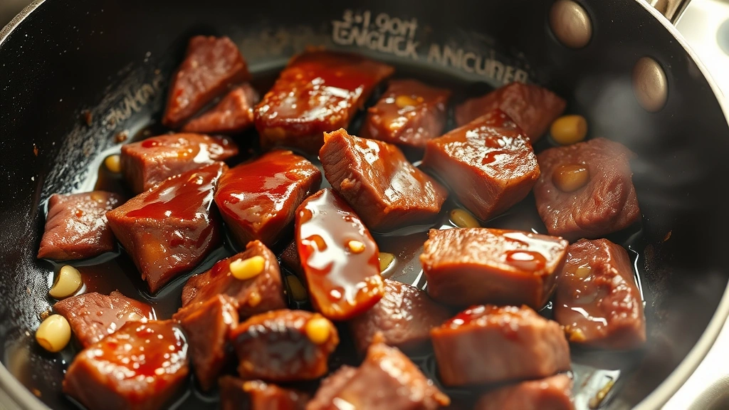 process: beef slices sizzling in hot skillet with glossy teriyaki glaze coating the meat, garlic and ginger visible in the pan, professional kitchen lighting, action shot, no text