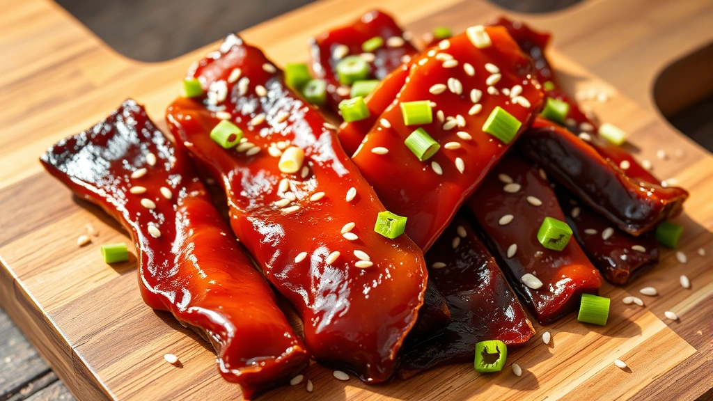 hero: finished teriyaki jerky strips arranged on a wooden board with sesame seeds and green onions, glistening and chewy, photorealistic, natural sunlight streaming from side, no text