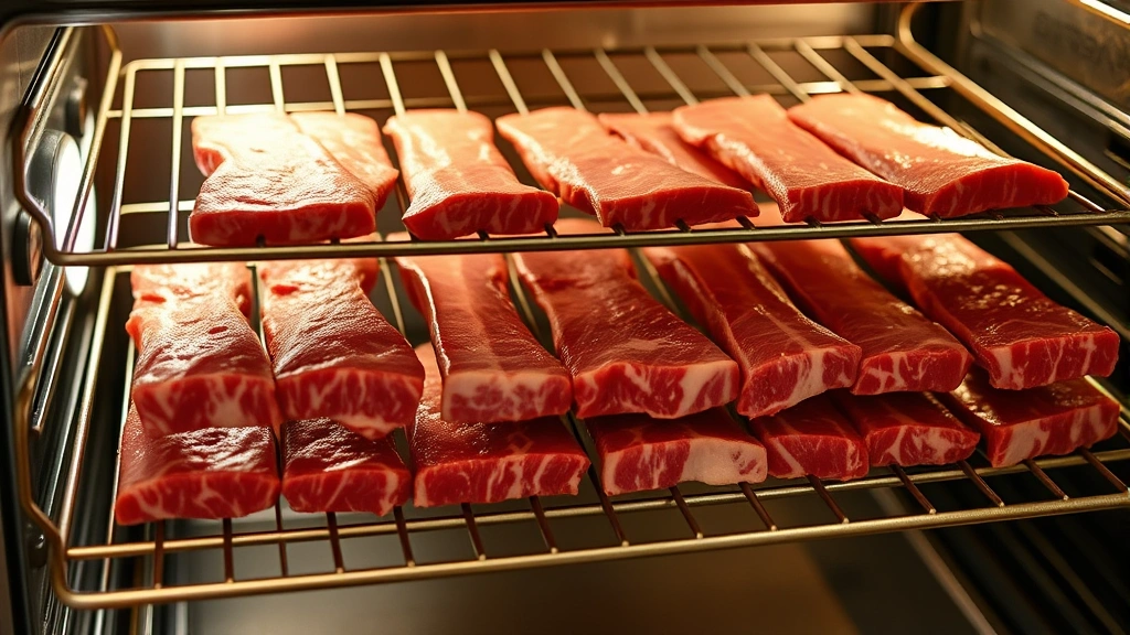process: beef strips being arranged on oven racks for drying, showing the preparation stage, photorealistic, natural kitchen lighting, no text