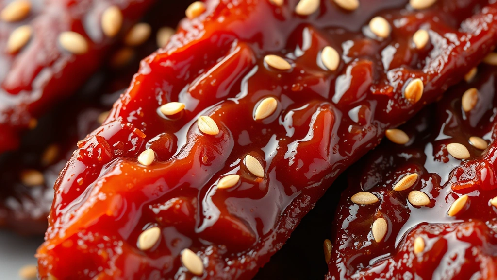 detail: close-up of teriyaki jerky texture showing the chewy consistency and glossy marinade coating, sesame seeds visible, photorealistic, macro photography with natural light, no text