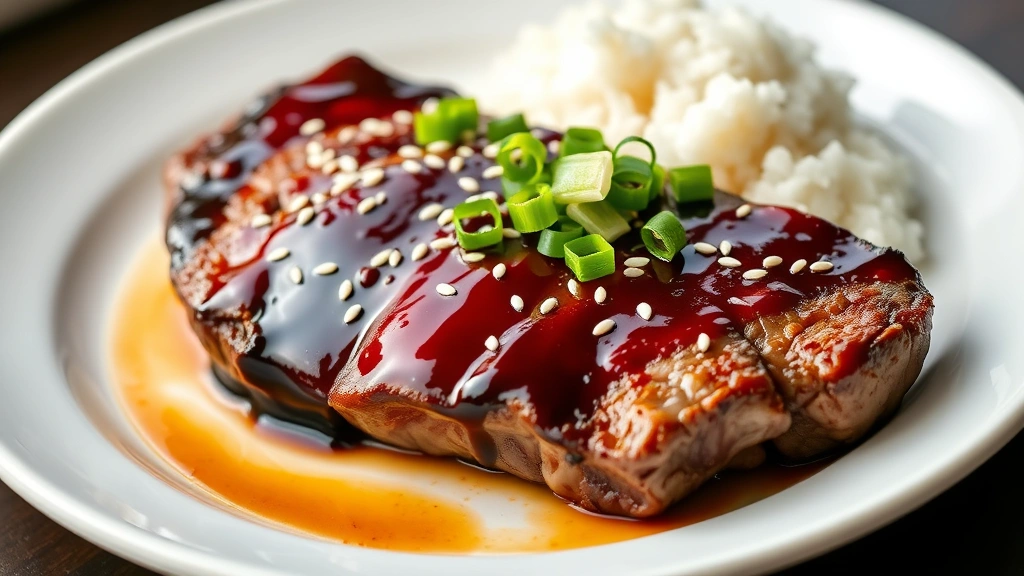 hero: Plated teriyaki steak with glossy dark caramelized glaze, topped with sliced green onions and white sesame seeds, served on white plate with side of steamed white rice, photorealistic, natural daylight, no text