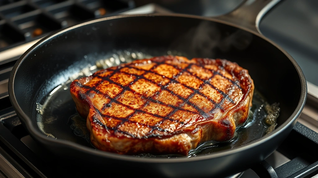 process: Cast iron skillet with sizzling steak being seared, golden brown crust visible, butter foaming around edges, professional kitchen lighting, photorealistic, no text
