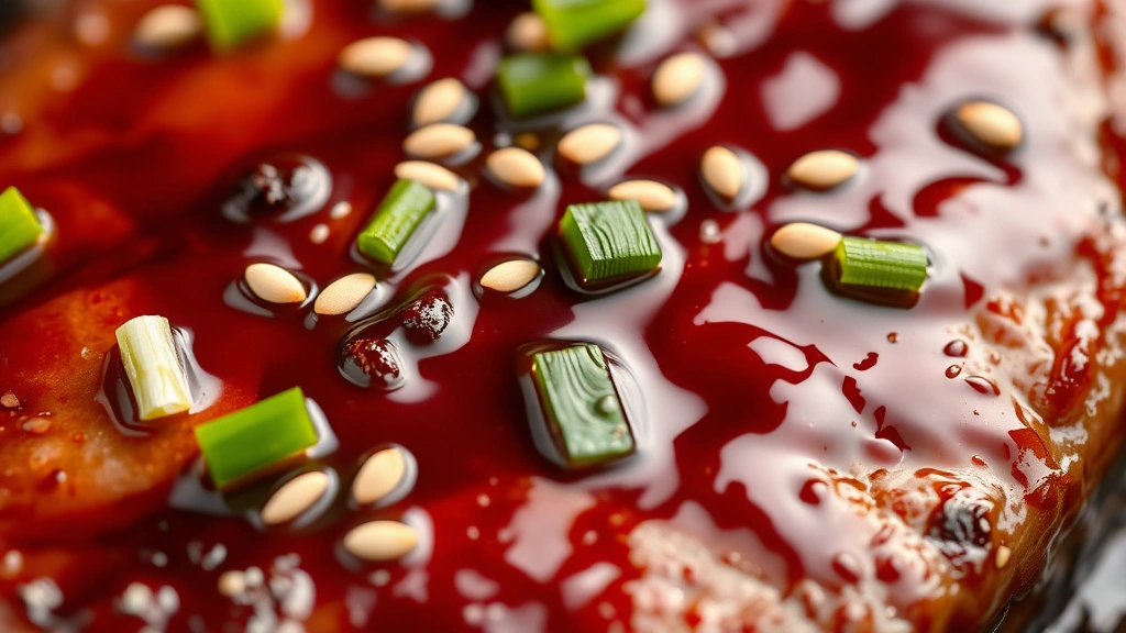 detail: Close-up of teriyaki glaze on steak surface showing glossy shine and caramelization, garnished with sesame seeds and green onion, macro photography, natural light, no text