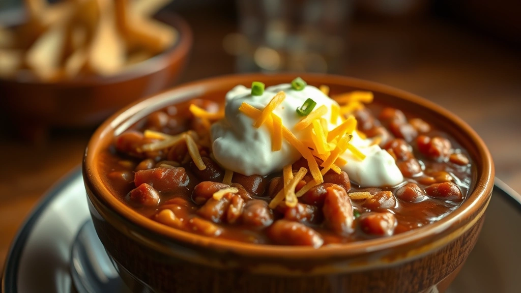 hero: steaming bowl of Texas Roadhouse chili topped with shredded cheddar cheese and sour cream, photorealistic, natural warm lighting, shallow depth of field, no text