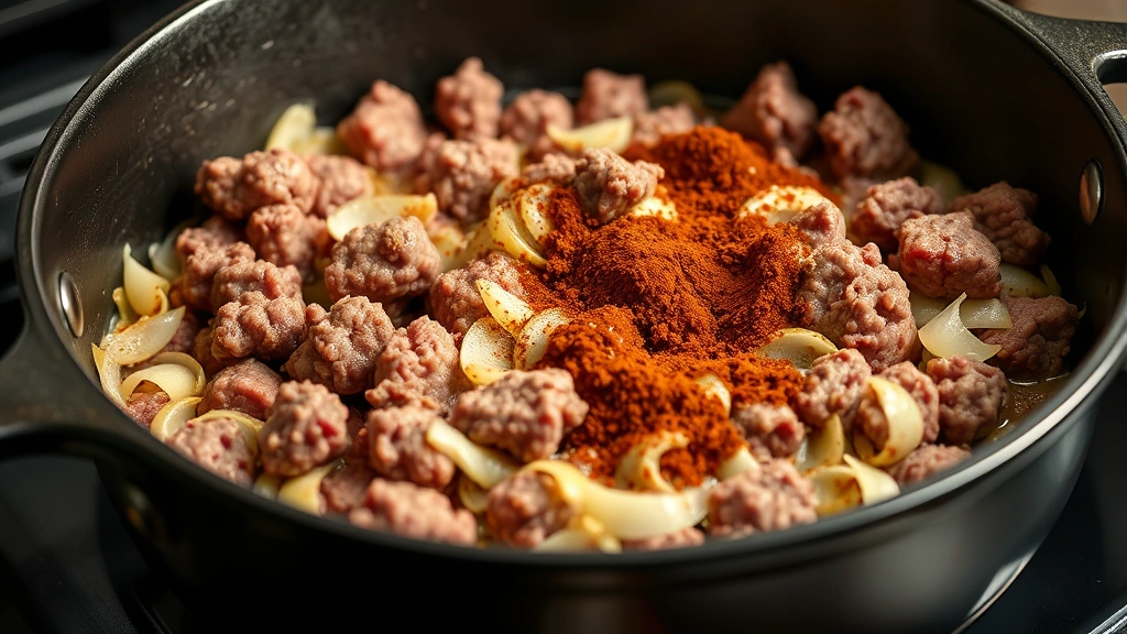 process: ground beef browning in cast iron pot with onions and garlic, spices being stirred in, photorealistic, natural kitchen light, no text
