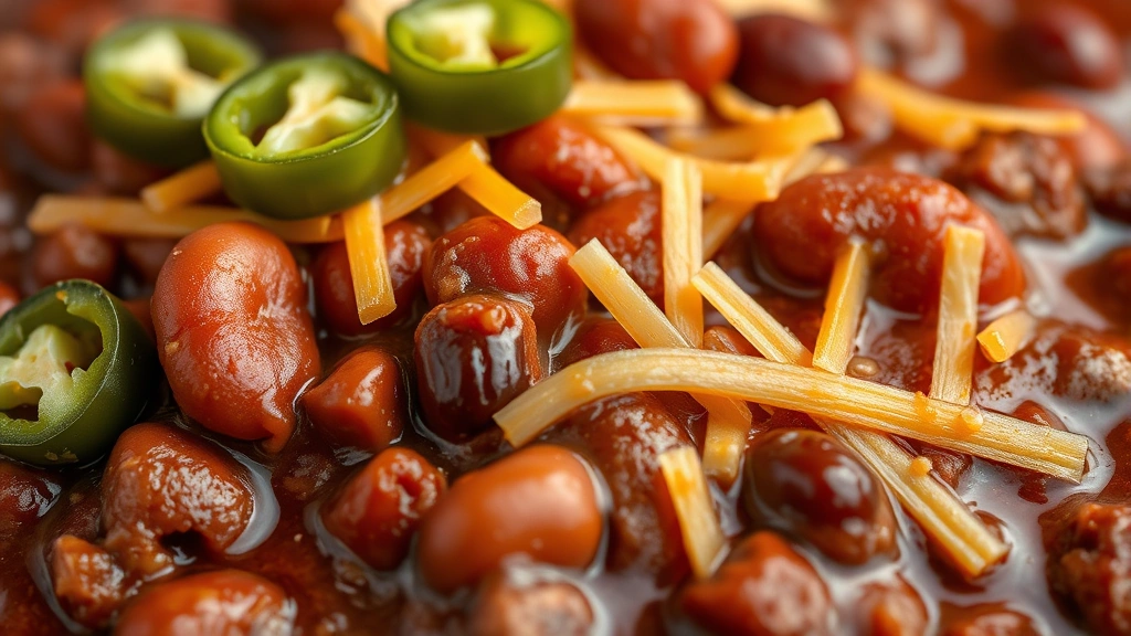 detail: close-up of rich chili texture with beans and meat visible, garnished with cheese and jalapeños, photorealistic, macro photography style, natural light, no text