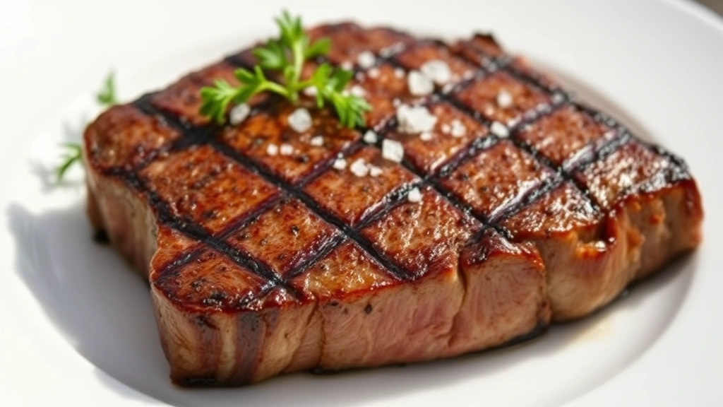hero: perfectly seared Texas Roadhouse style steak on white plate with golden brown crust, garnished with fresh herbs and sea salt crystals, photorealistic, natural sunlight, no text