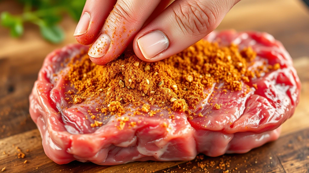 process: hand generously coating raw steak with golden-brown seasoning blend, paprika and garlic powder visible, photorealistic, natural lighting, no text