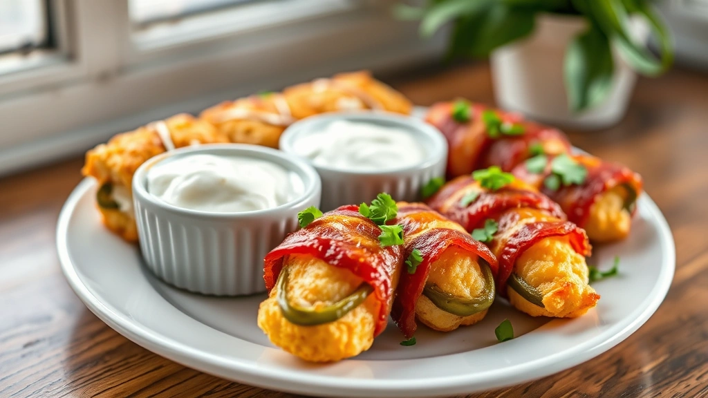 hero: Texas Twinkies plated on white ceramic plate, bacon-wrapped jalapeño poppers golden and crispy, garnished with fresh cilantro, cool ranch dip in small bowl beside them, photorealistic, natural window light, no text, shallow depth of field