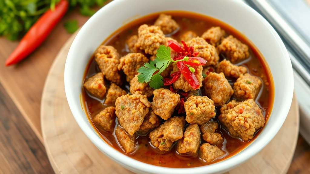 hero: textured vegetable protein in rich brown sauce served in white bowl, photorealistic, natural window light, no text, top-down view, garnished with fresh parsley and red pepper flakes