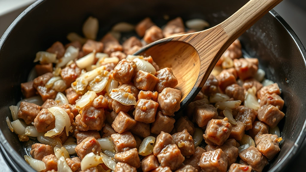 process: wooden spoon stirring TVP mixture in cast iron skillet with onions and garlic, photorealistic, natural light, no text, showing the texture and color development