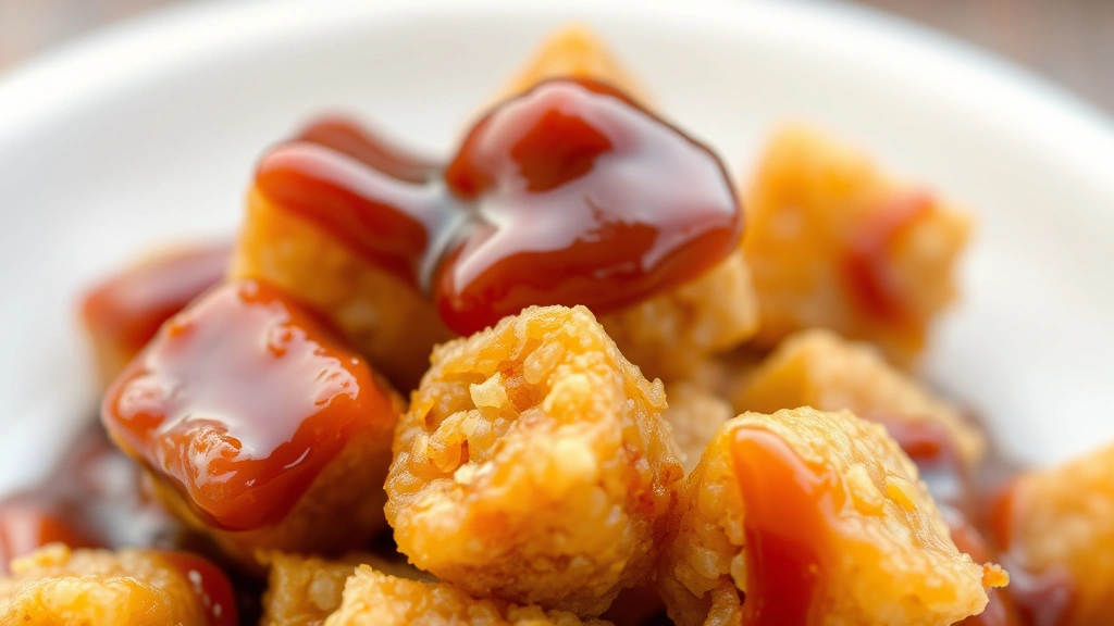 detail: close-up of rehydrated textured vegetable protein pieces coated in glossy brown sauce, photorealistic, natural light, no text, macro photography showing individual pieces and texture