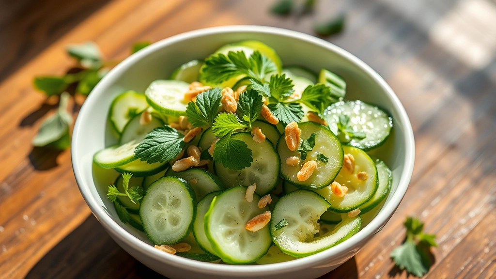 hero: Thai cucumber salad in white ceramic bowl, crisp cucumber slices glistening with lime dressing, garnished with fresh cilantro mint and crushed peanuts, vibrant green herbs visible, natural bright daylight streaming across wooden table, shallow depth of field, appetizing and fresh