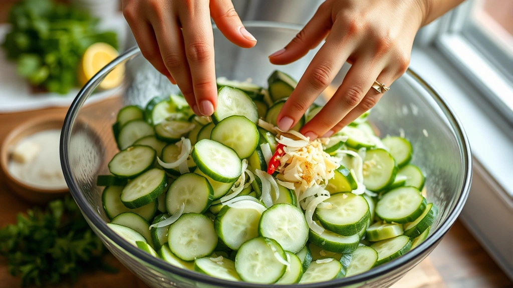 process: hands mixing sliced cucumbers and shallots in large mixing bowl with lime dressing, fresh herbs and chilies visible, action shot showing tossing motion, natural window light, authentic home kitchen setting, professional food photography style