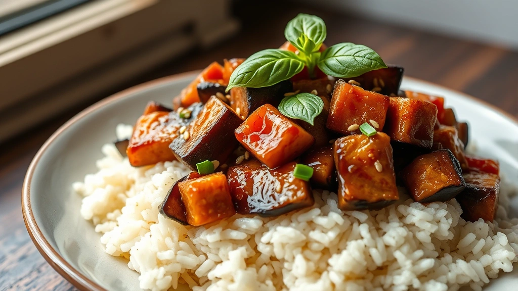 hero: Thai eggplant dish served over jasmine rice, garnished with fresh Thai basil and sesame seeds, golden-brown eggplant pieces glistening with sauce, steaming hot, photorealistic, natural window light, no text
