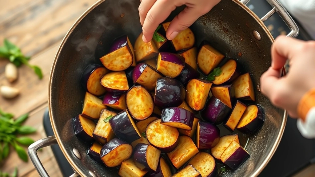 process: chef hand tossing eggplant pieces in wok with aromatic garlic-chili sauce, oil sizzling, vibrant colors, photorealistic, overhead angle, natural light, no text
