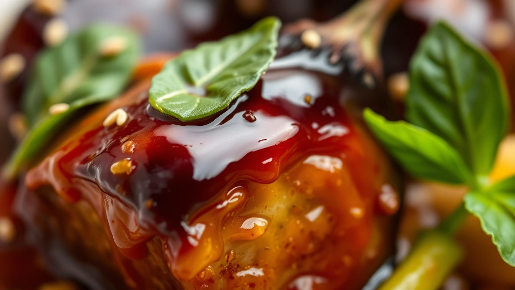 detail: close-up of glossy Thai eggplant piece with sauce clinging to it, basil leaf garnish, sesame seed visible, photorealistic, shallow depth of field, natural light, no text