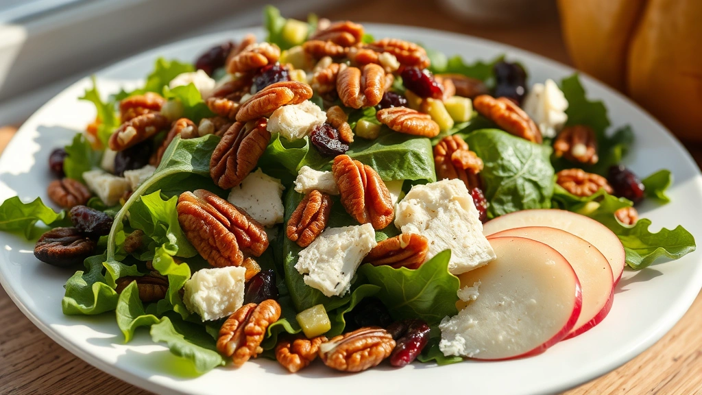 hero: beautiful Thanksgiving salad with mixed greens, golden candied pecans, dried cranberries, sliced apples, and shaved cheese on white plate, natural window light, soft shadows, no text or watermarks