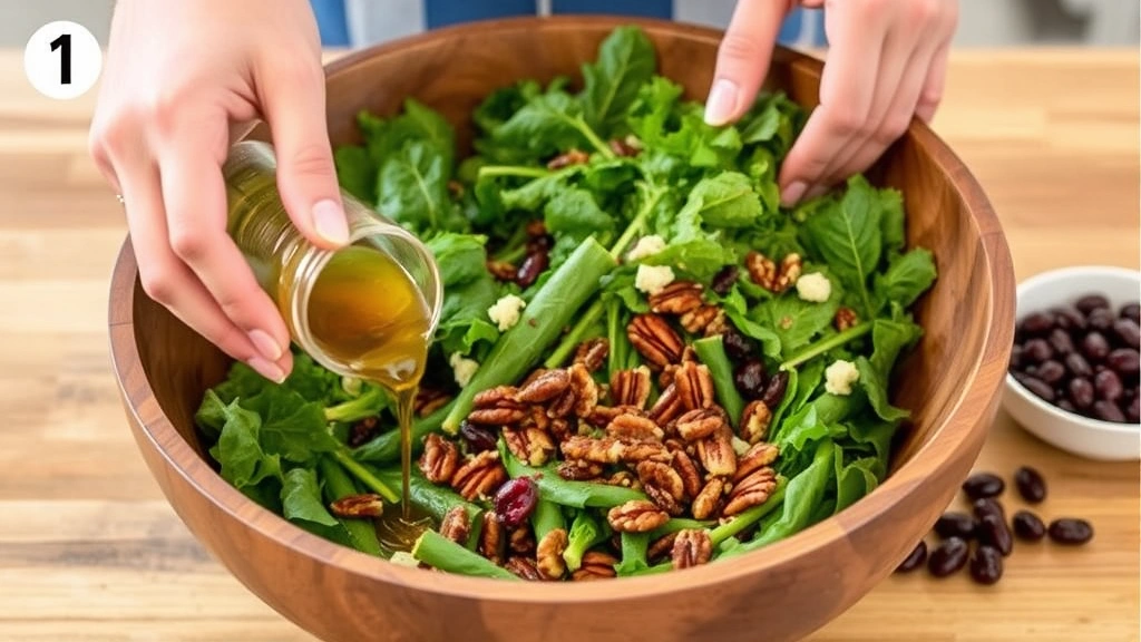 process: hands tossing fresh salad greens with maple vinaigrette in large wooden bowl, candied pecans and cranberries visible, warm kitchen lighting, no text