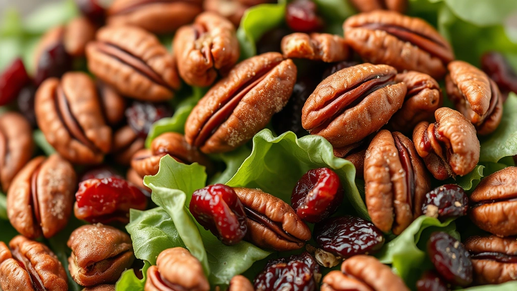 detail: close-up of candied pecans with cinnamon coating and dried cranberries scattered on salad greens, shallow depth of field, natural light, no text