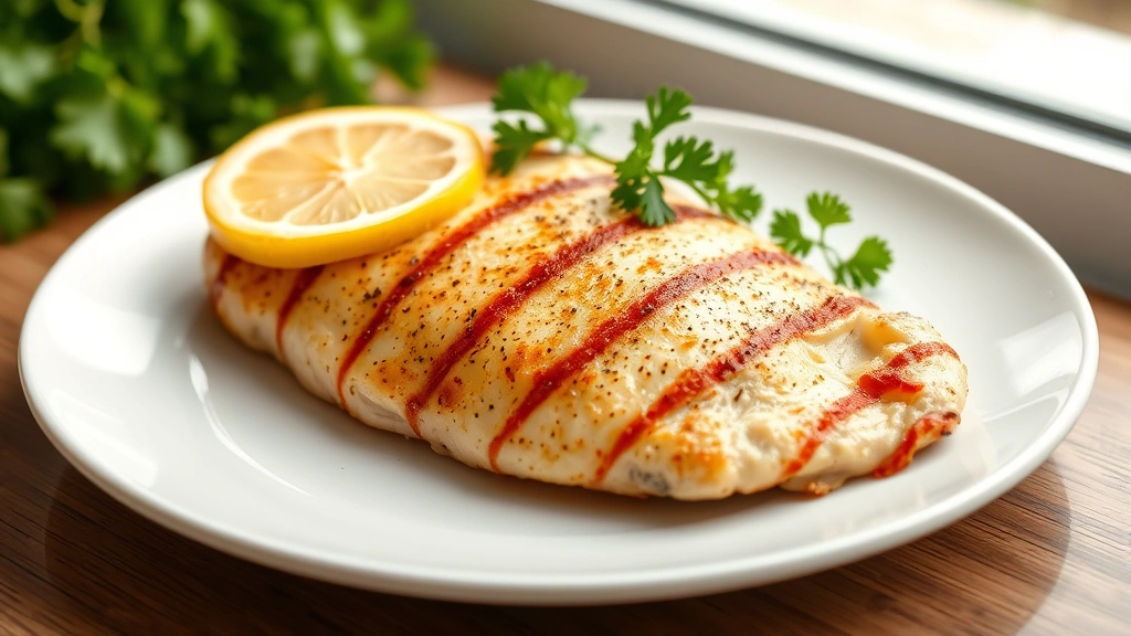 hero: perfectly cooked thin golden-brown chicken breast with lemon garnish and fresh parsley on white plate, photorealistic, natural window light, no text