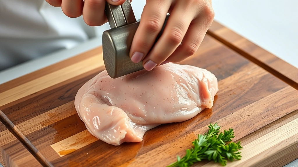process: hand using meat mallet to pound chicken breast on wooden cutting board, photorealistic, natural kitchen light, no text