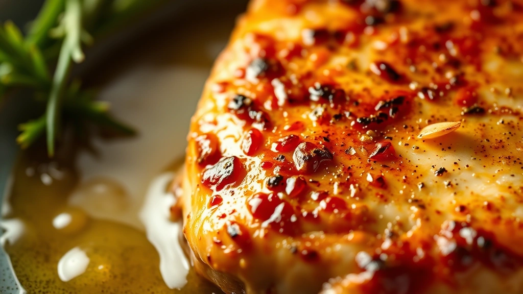 detail: close-up of golden-brown seared chicken breast with melted butter sauce and garlic, photorealistic, natural light, shallow depth of field, no text