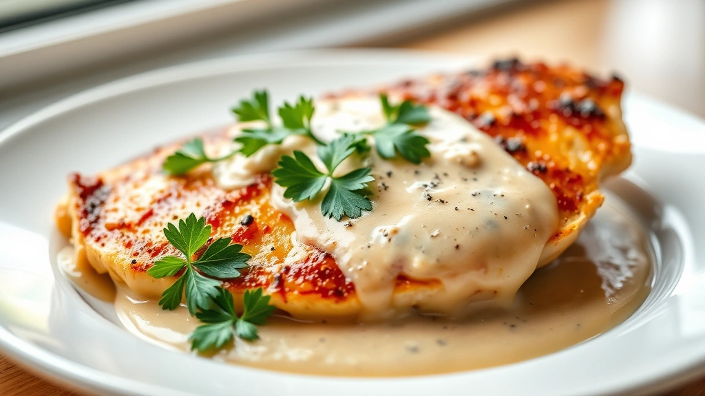 hero: golden-brown thin cut chicken breast with creamy white wine sauce and fresh parsley garnish on a white plate, natural window light, shallow depth of field, no text or watermarks