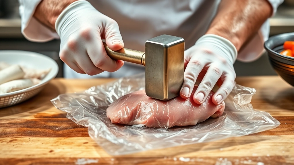 process: chef's hands using meat mallet to pound chicken breast between plastic wrap, professional kitchen lighting, action shot, no text